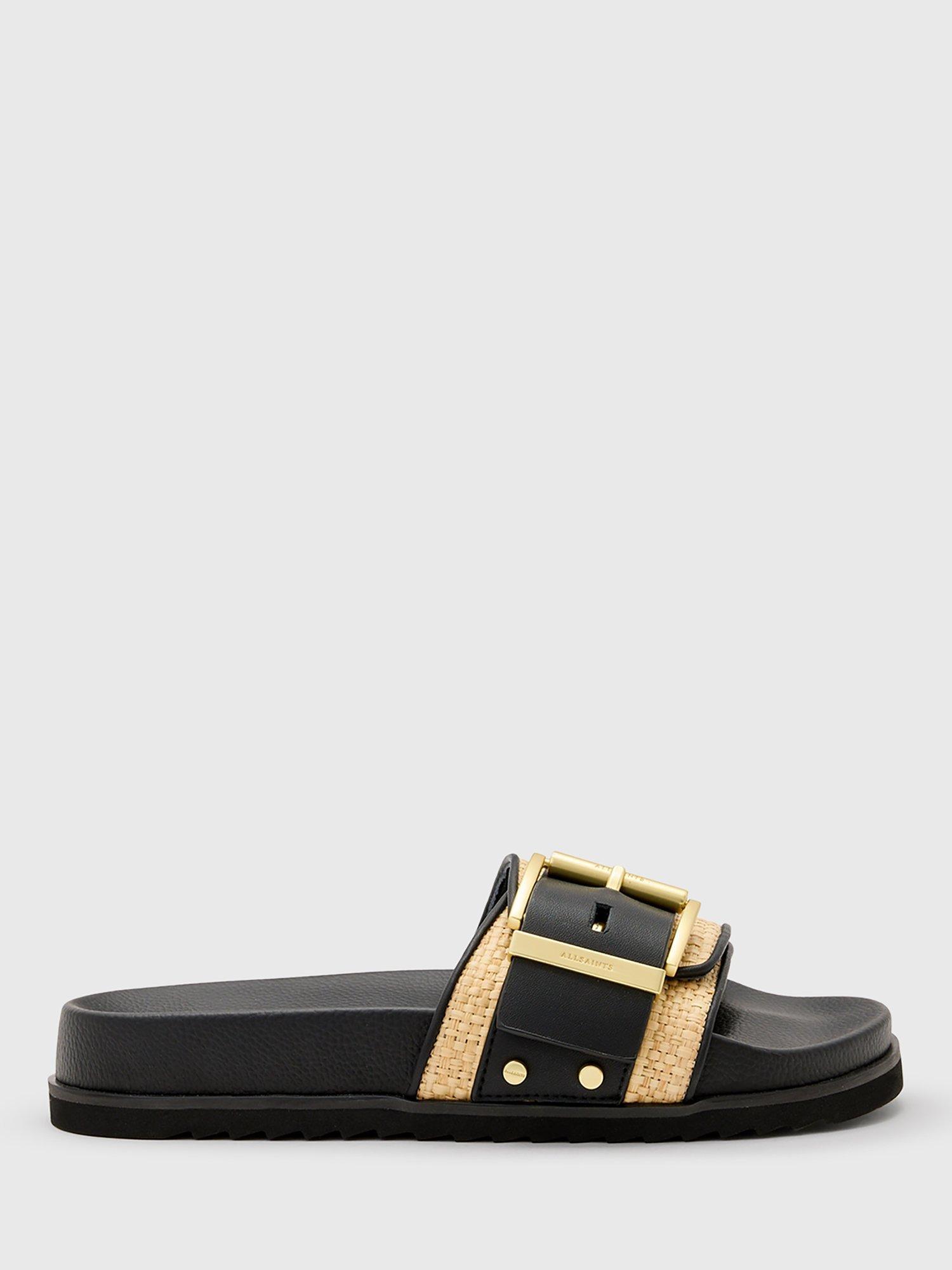Product image 1 of 5, which shows AllSaints Ellie Leather Raffia Sliders, Black/Natural, EU38
