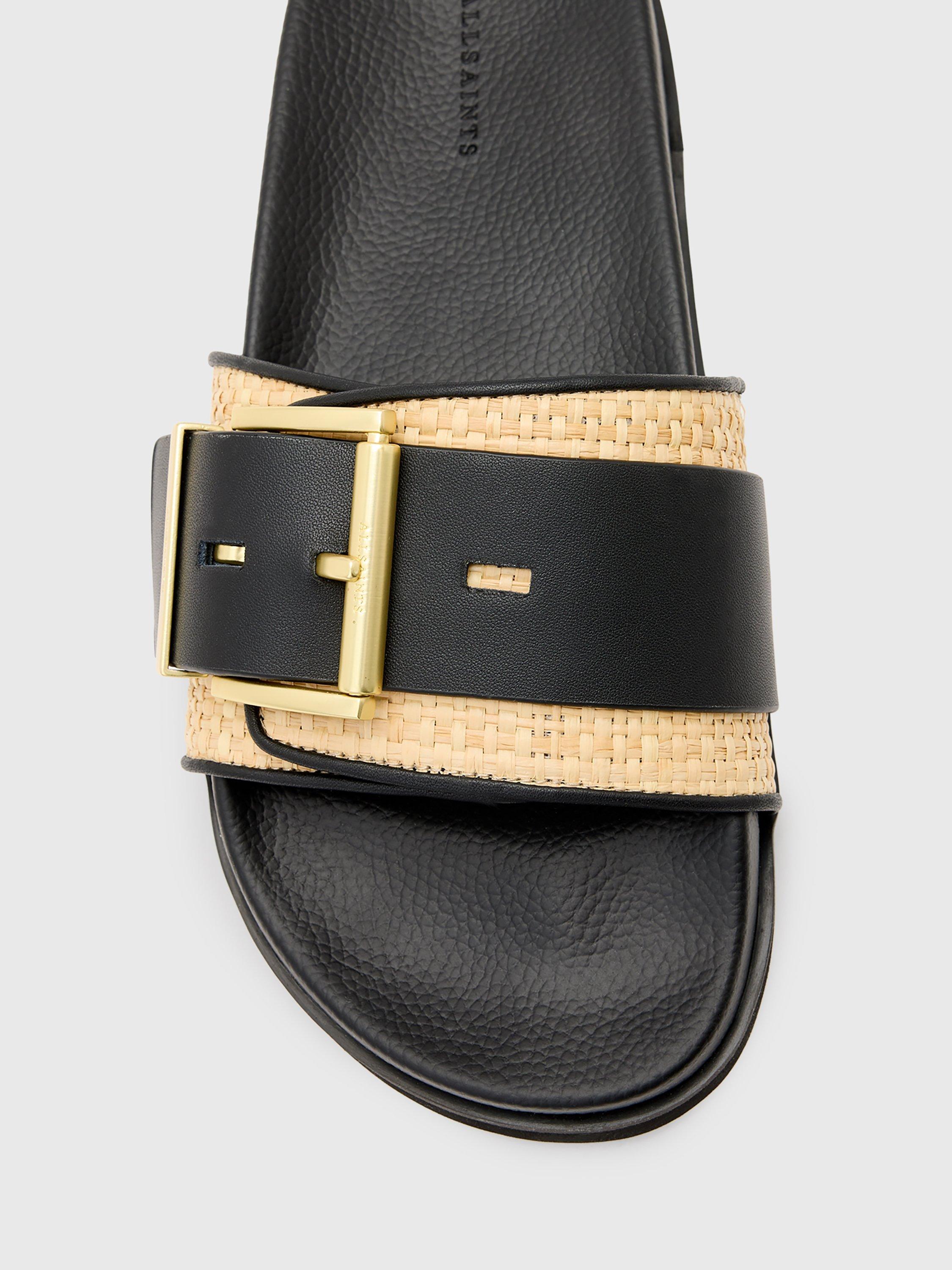 Product image 3 of 5, which shows AllSaints Ellie Leather Raffia Sliders, Black/Natural, EU38