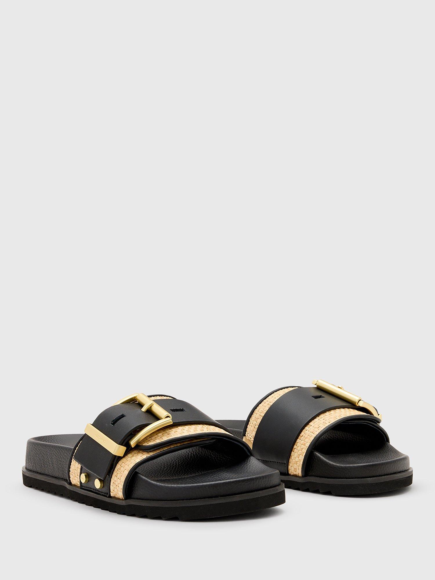 Product image 4 of 5, which shows AllSaints Ellie Leather Raffia Sliders, Black/Natural, EU38