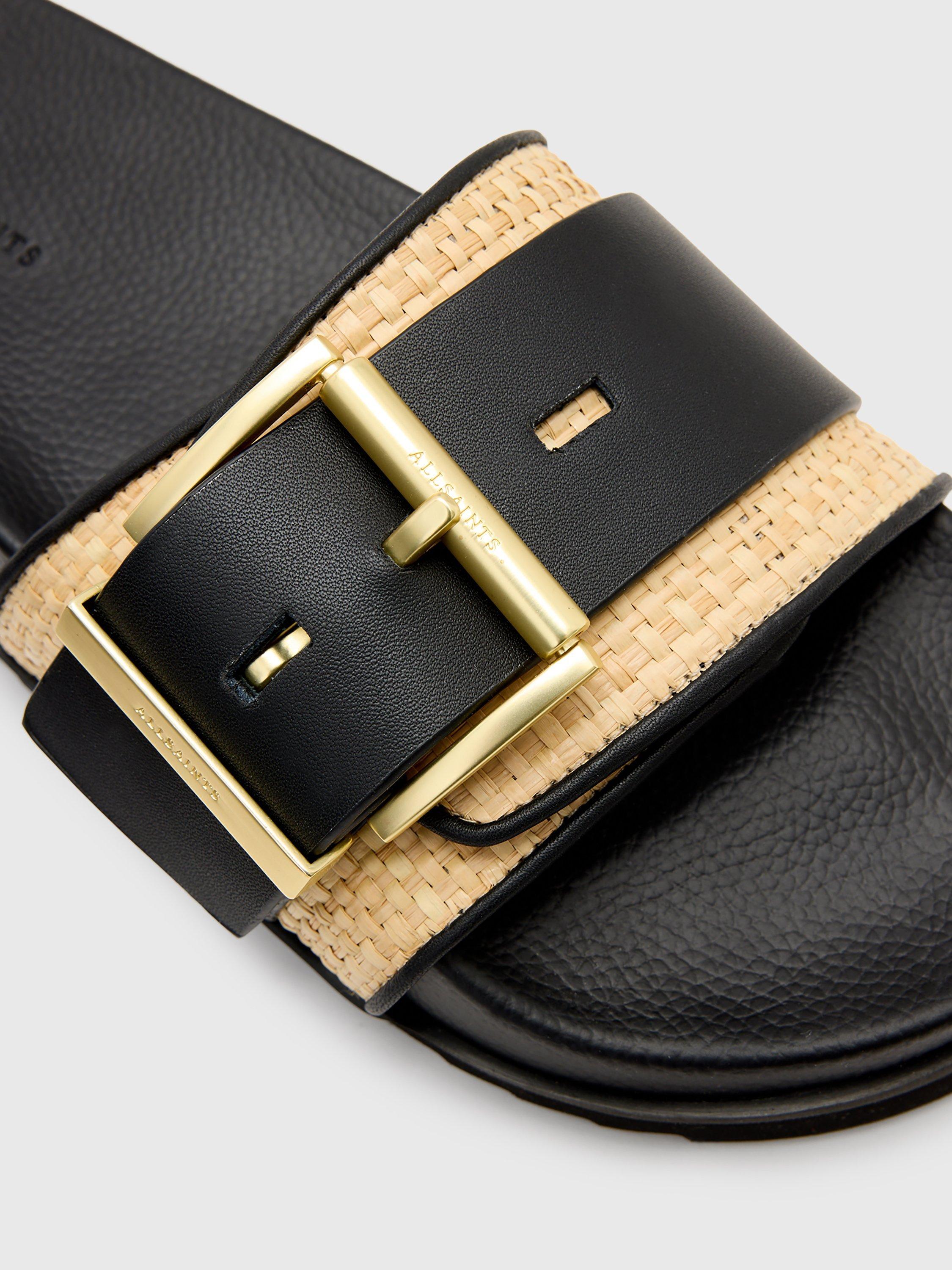 Product image 5 of 5, which shows AllSaints Ellie Leather Raffia Sliders, Black/Natural, EU38