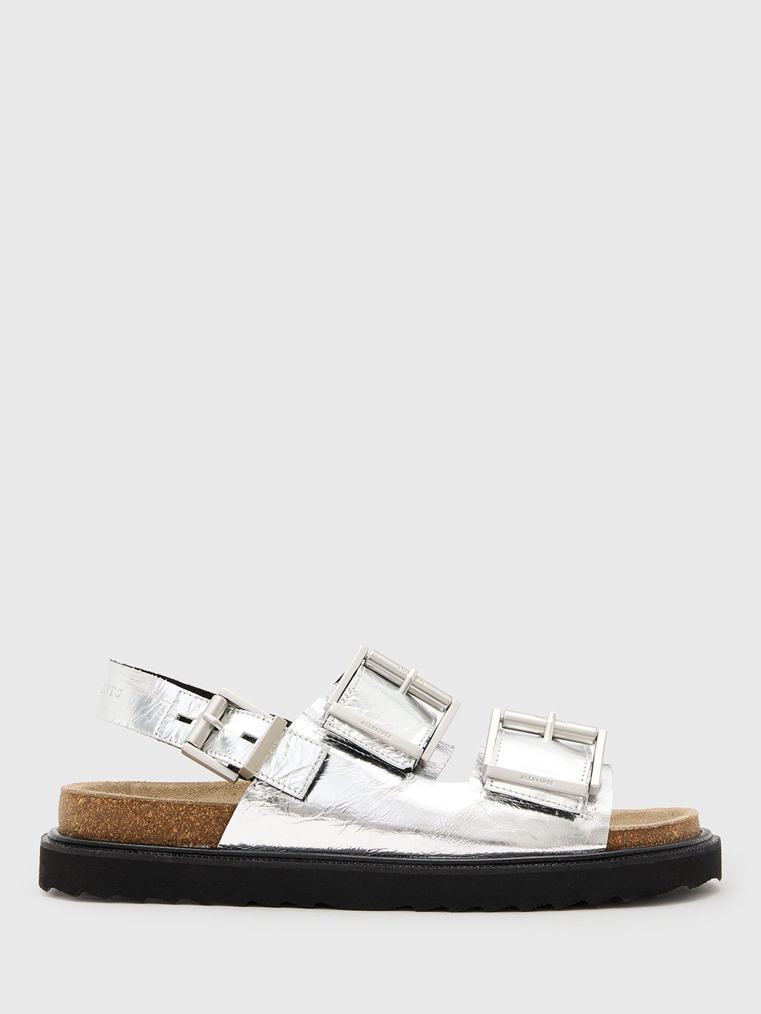 Product image 1 of 6, which shows AllSaints Isla Leather Triple Buckle Sandals, Silver, EU36