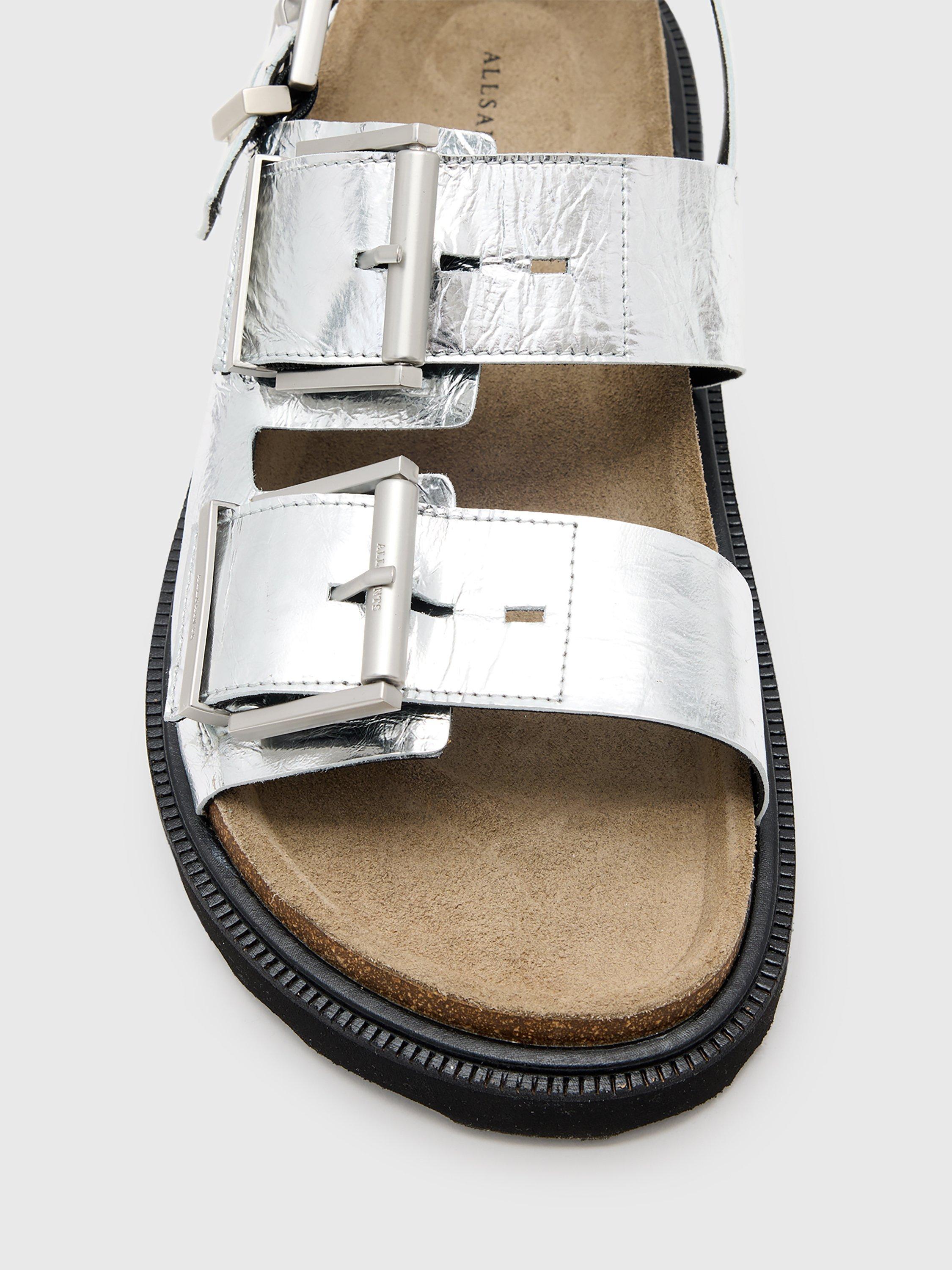 Product image 3 of 6, which shows AllSaints Isla Leather Triple Buckle Sandals, Silver, EU36