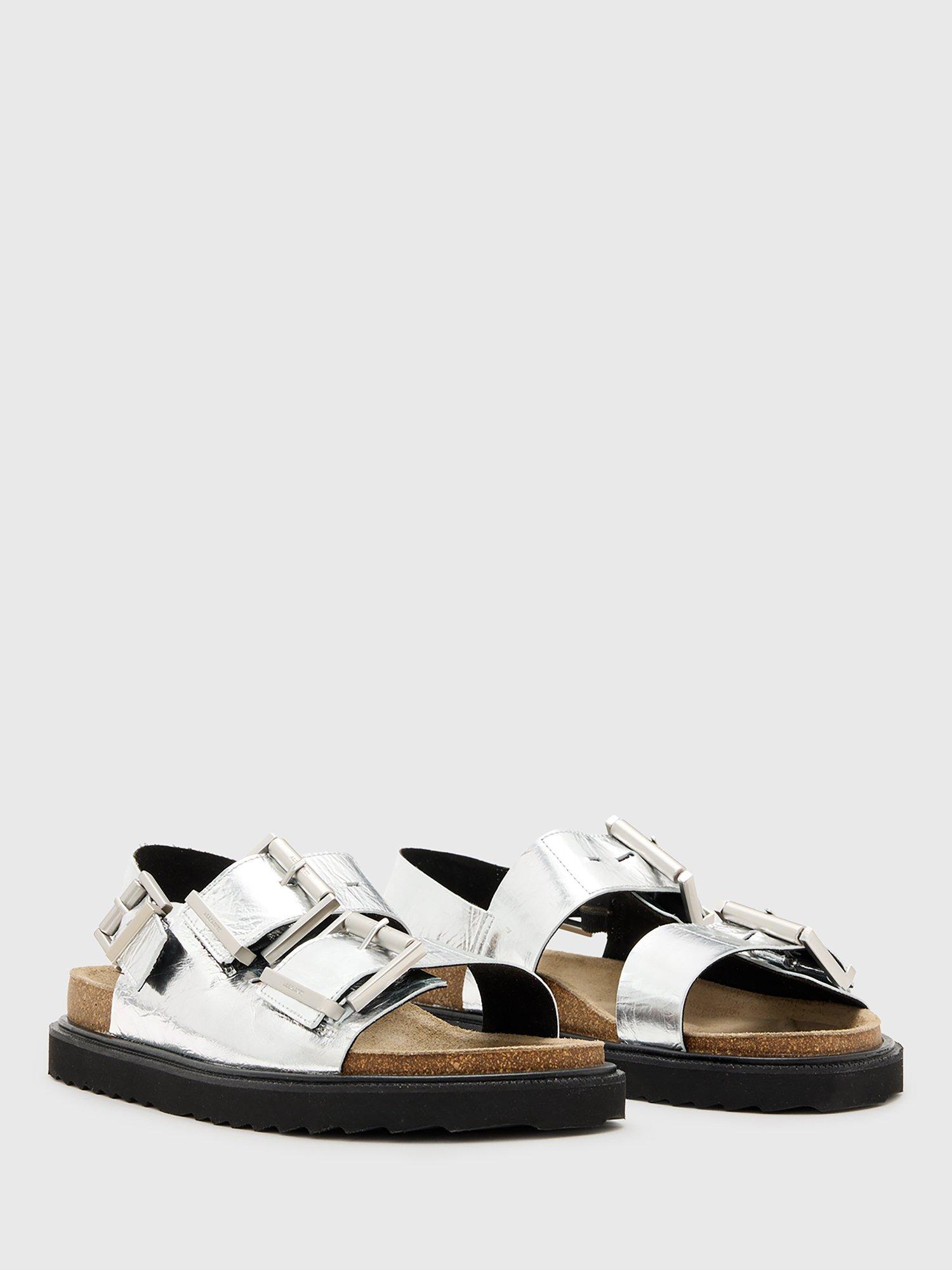 Product image 4 of 6, which shows AllSaints Isla Leather Triple Buckle Sandals, Silver, EU36