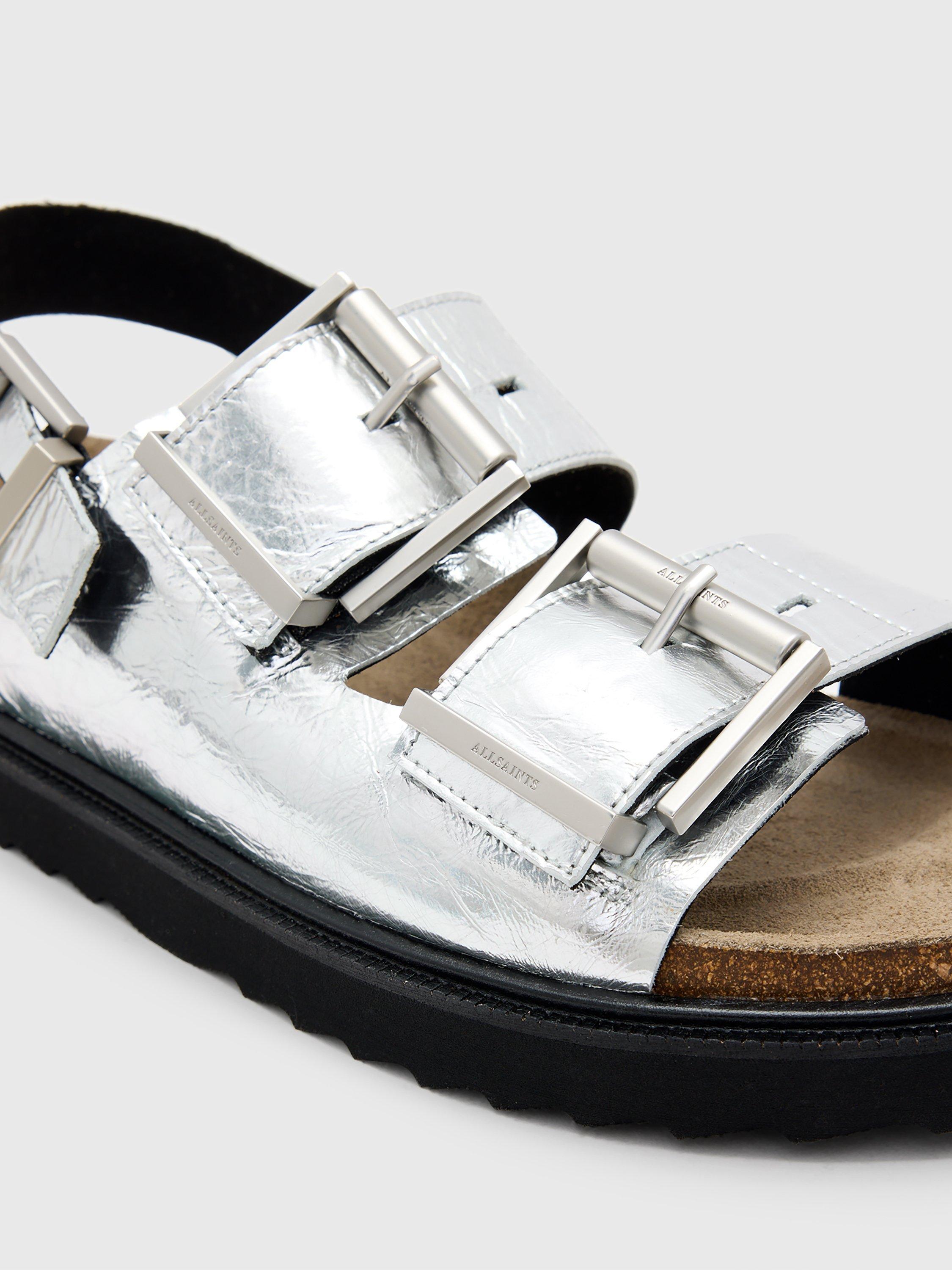 Product image 5 of 6, which shows AllSaints Isla Leather Triple Buckle Sandals, Silver, EU36
