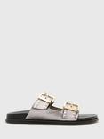 AllSaints Magda Leather Studded Double Buckle Sandals, Silver