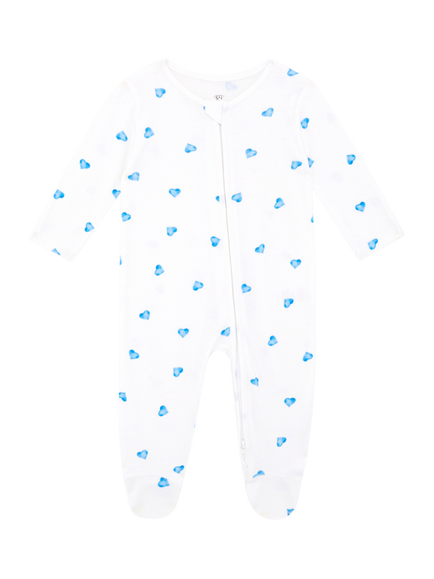 Rosa & Blue Baby Bamboo and Cotton Blend Heart Print Sleepsuit, White, White