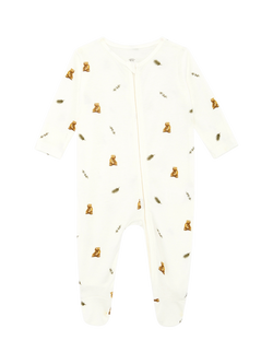 Rosa & Blue Baby Bamboo and Cotton Blend Brown Bear Sleepsuit, Ivory, Ivory