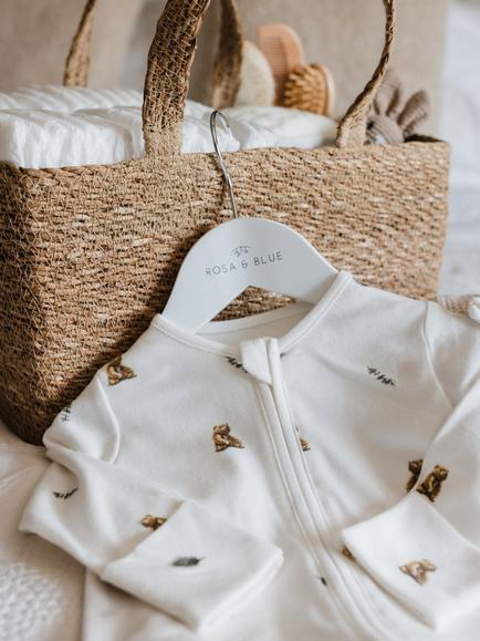 Rosa & Blue Baby Bamboo and Cotton Blend Brown Bear Sleepsuit, Ivory - view 2, Ivory