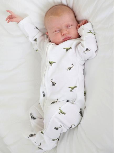 Rosa & Blue Baby Bamboo and Cotton Blend Dino Sleepsuit, White - view 2, White