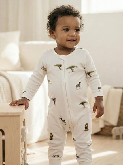 Rosa & Blue Baby Bamboo and Cotton Blend Safari Sleepsuit, White - view 2, White