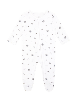 Rosa & Blue Baby Bamboo and Cotton Blend Moon Print Sleepsuit, White, White