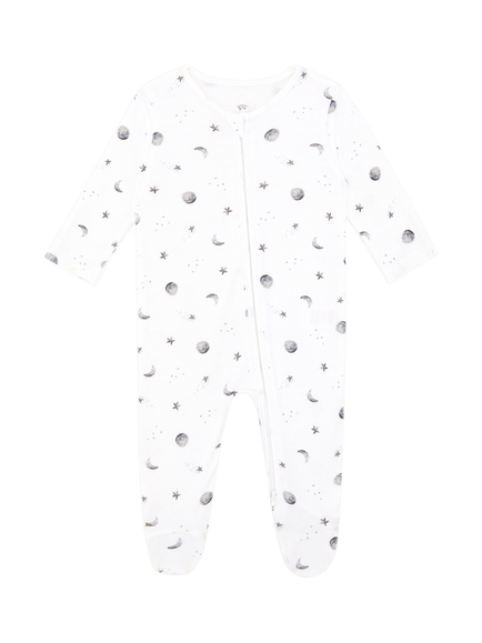 Rosa & Blue Baby Bamboo and Cotton Blend Moon Print Sleepsuit, White, White