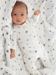 Rosa & Blue Baby Cotton Blend Moon Print Sleepsuit, White