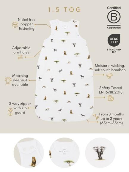 Rosa & Blue Baby Safari Sleeping Bag, 1.5 Tog, White - view 2, White