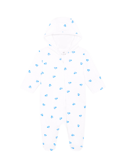 Rosa & Blue Baby Cotton Blend Hooded Heart Print Pramsuit, White, White