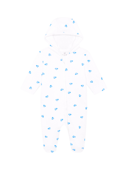 Rosa & Blue Baby Cotton Blend Hooded Heart Print Pramsuit, White, White
