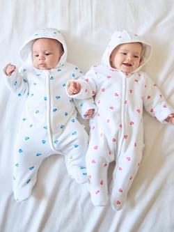 Rosa & Blue Baby Cotton Blend Hooded Heart Print Pramsuit, White - view 2, White