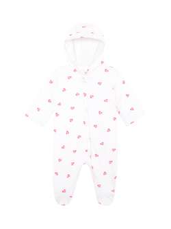 Rosa & Blue Baby Cotton Blend Hooded Heart Print Pramsuit, White, White