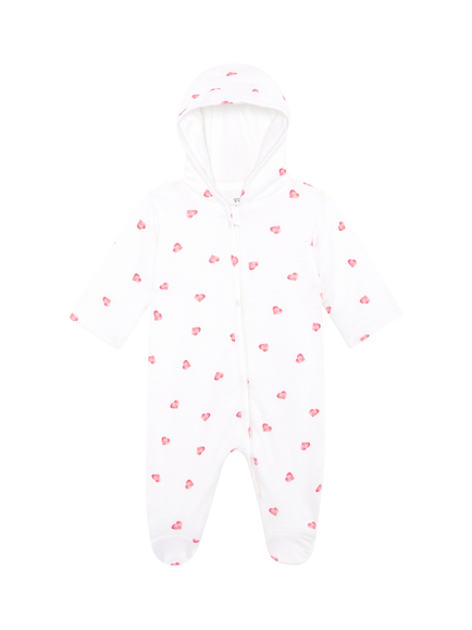 Rosa & Blue Baby Cotton Blend Hooded Heart Print Pramsuit, White, White