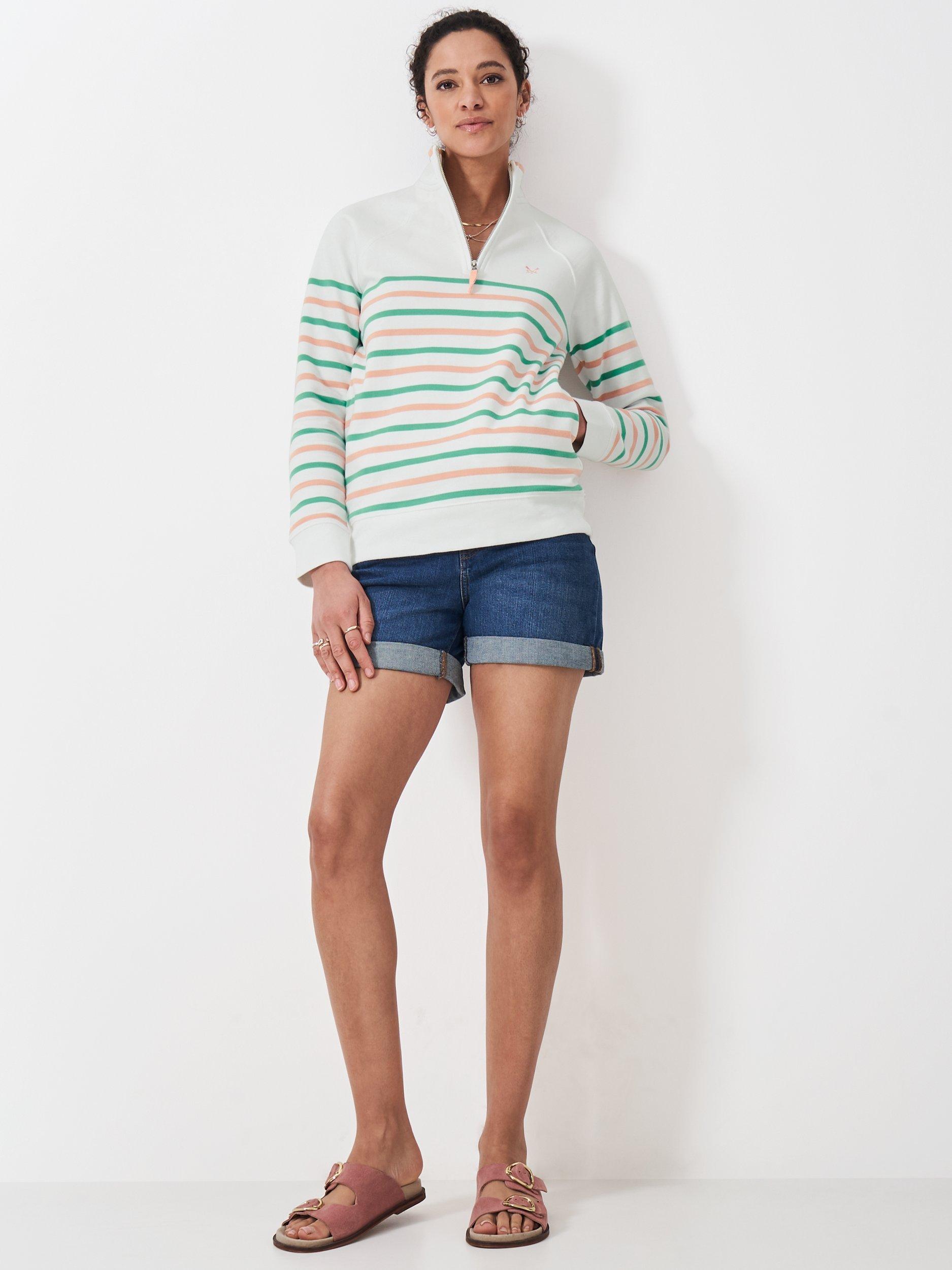 Product image 2 of 5, which shows Crew Clothing Half Zip Striped High Neck Cotton Blend Sweatshirt, Green/Multi, 6