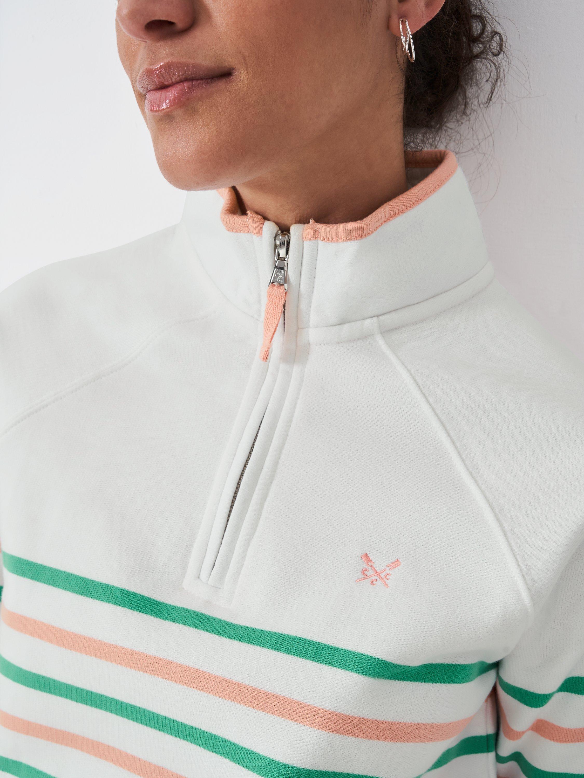 Product image 4 of 5, which shows Crew Clothing Half Zip Striped High Neck Cotton Blend Sweatshirt, Green/Multi, 6