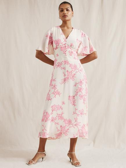 Albaray Kimono Floral V-Neck Dress, Pink, Pink
