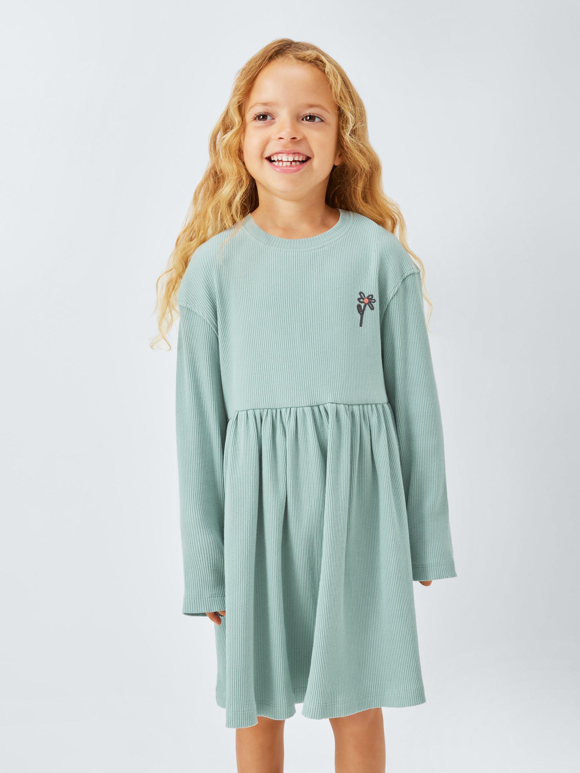 John Lewis Kids' Ribbed Flower Jersey Dress, Blue