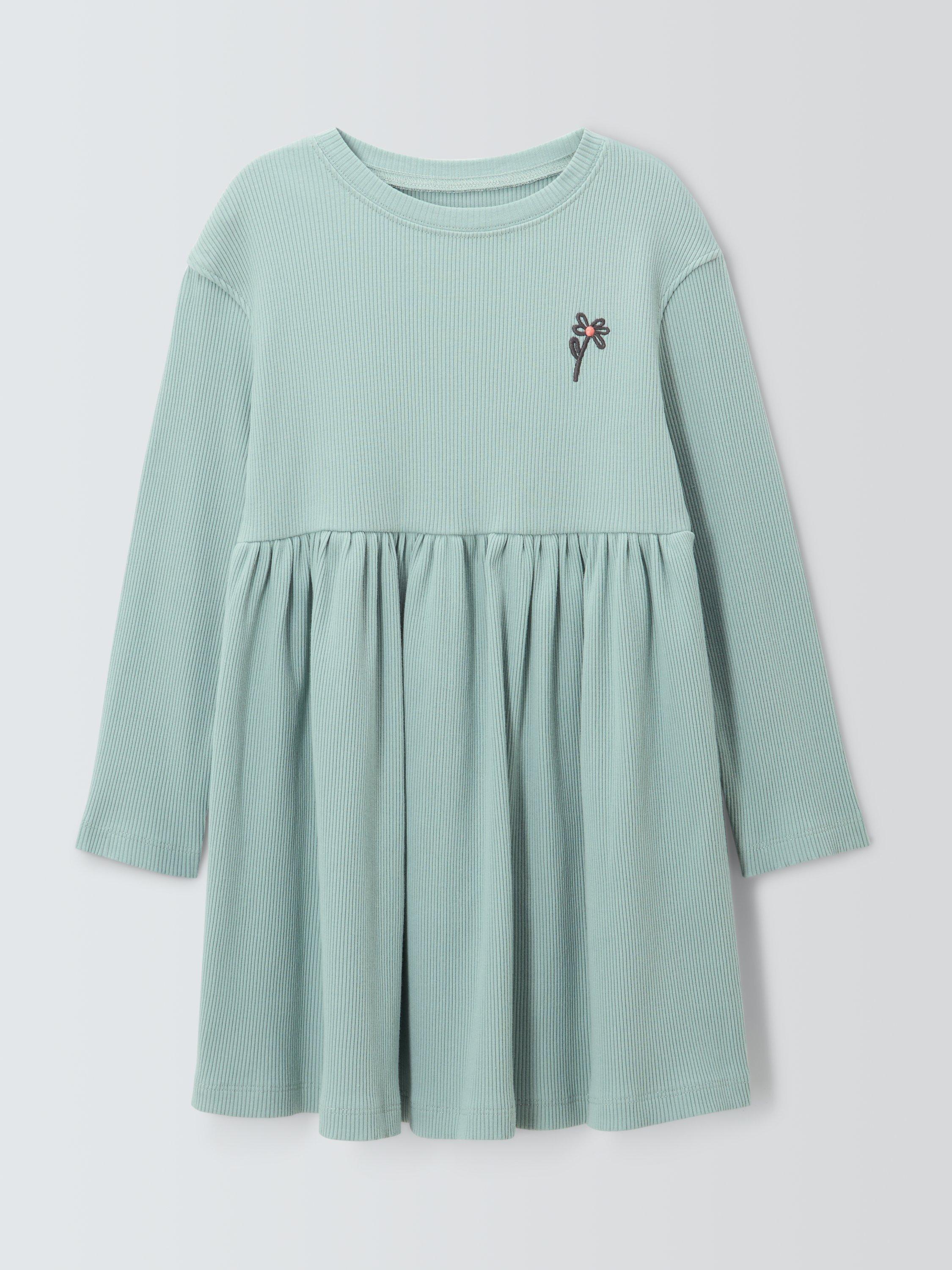 Product image 1 of 3, which shows John Lewis Kids' Ribbed Flower Jersey Dress, Blue, 3 years