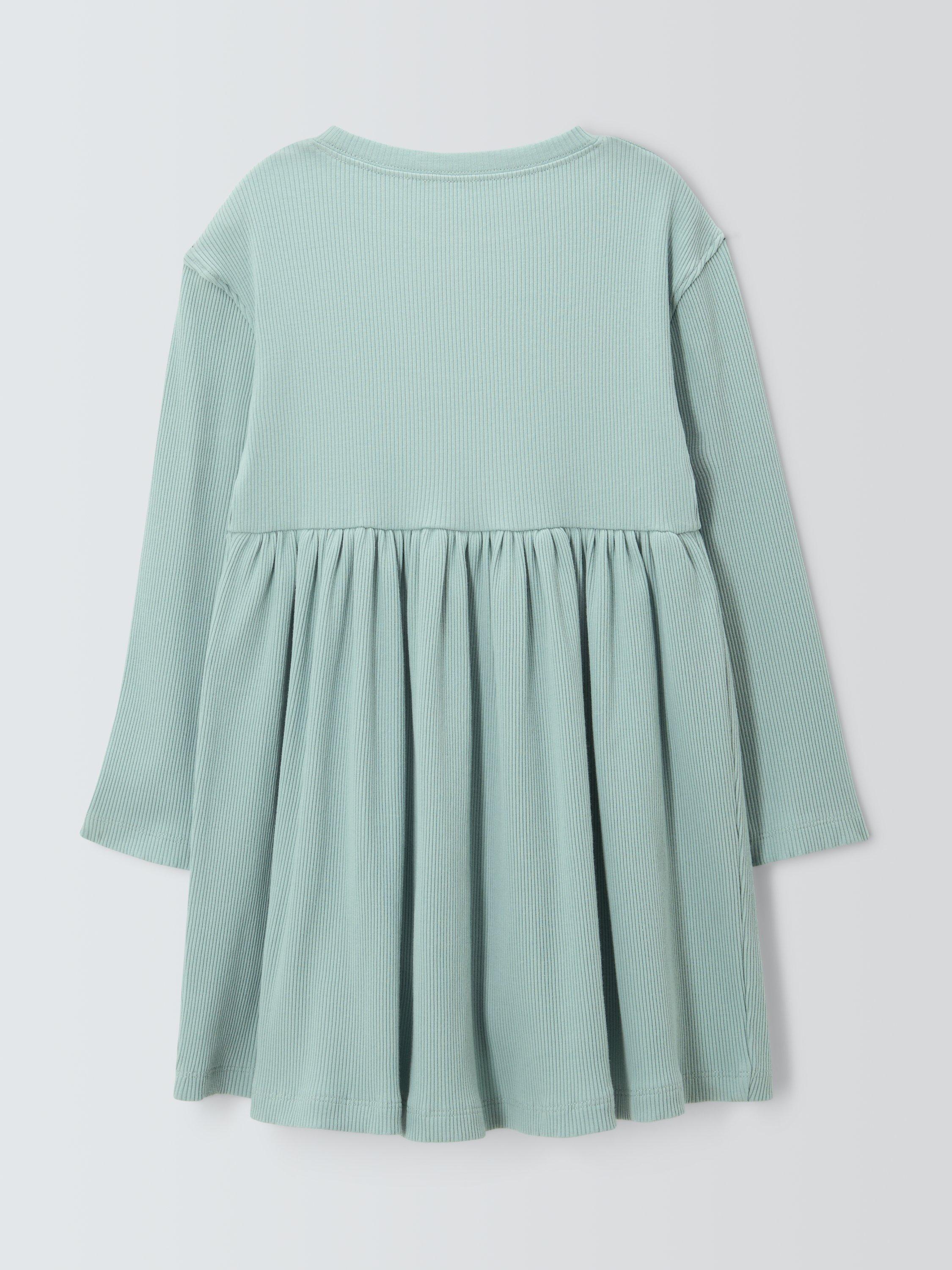 Product image 2 of 3, which shows John Lewis Kids' Ribbed Flower Jersey Dress, Blue, 3 years