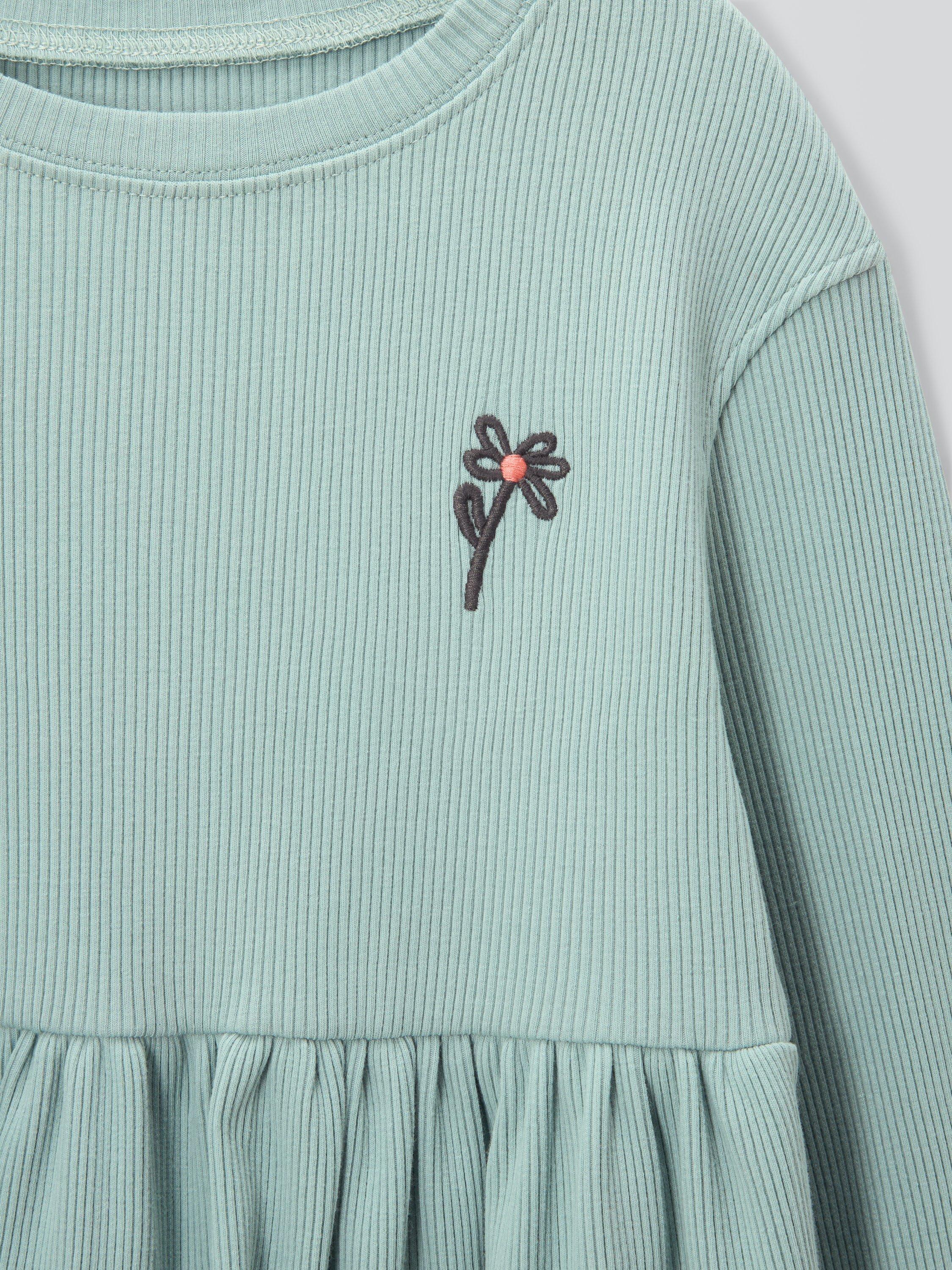 Product image 3 of 3, which shows John Lewis Kids' Ribbed Flower Jersey Dress, Blue, 3 years