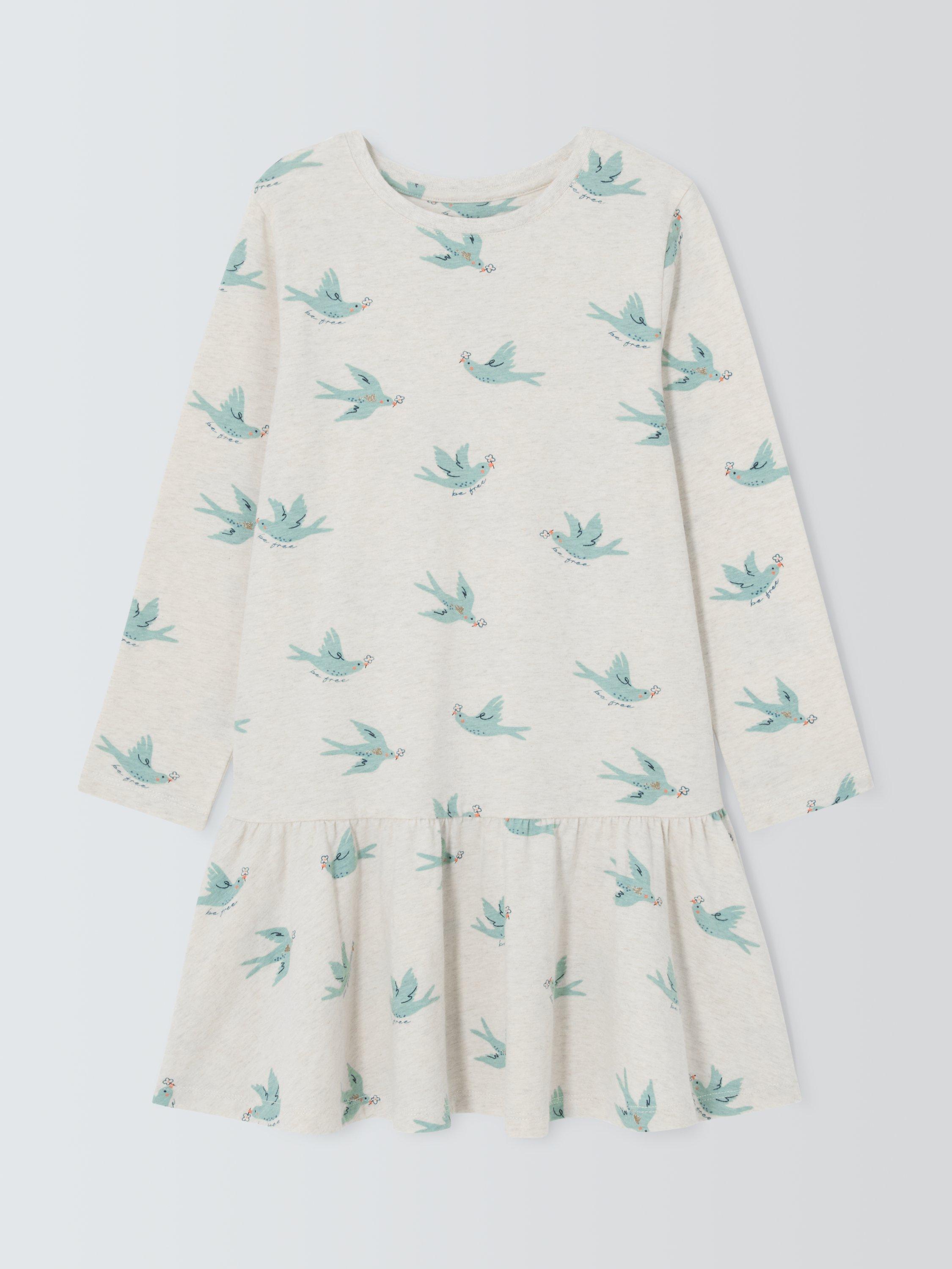 Product image 1 of 3, which shows John Lewis Kids' Bird Print Jersey Dress, White, Blue, 3 years