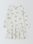 John Lewis Kids' Bird Print Jersey Dress, White, Blue