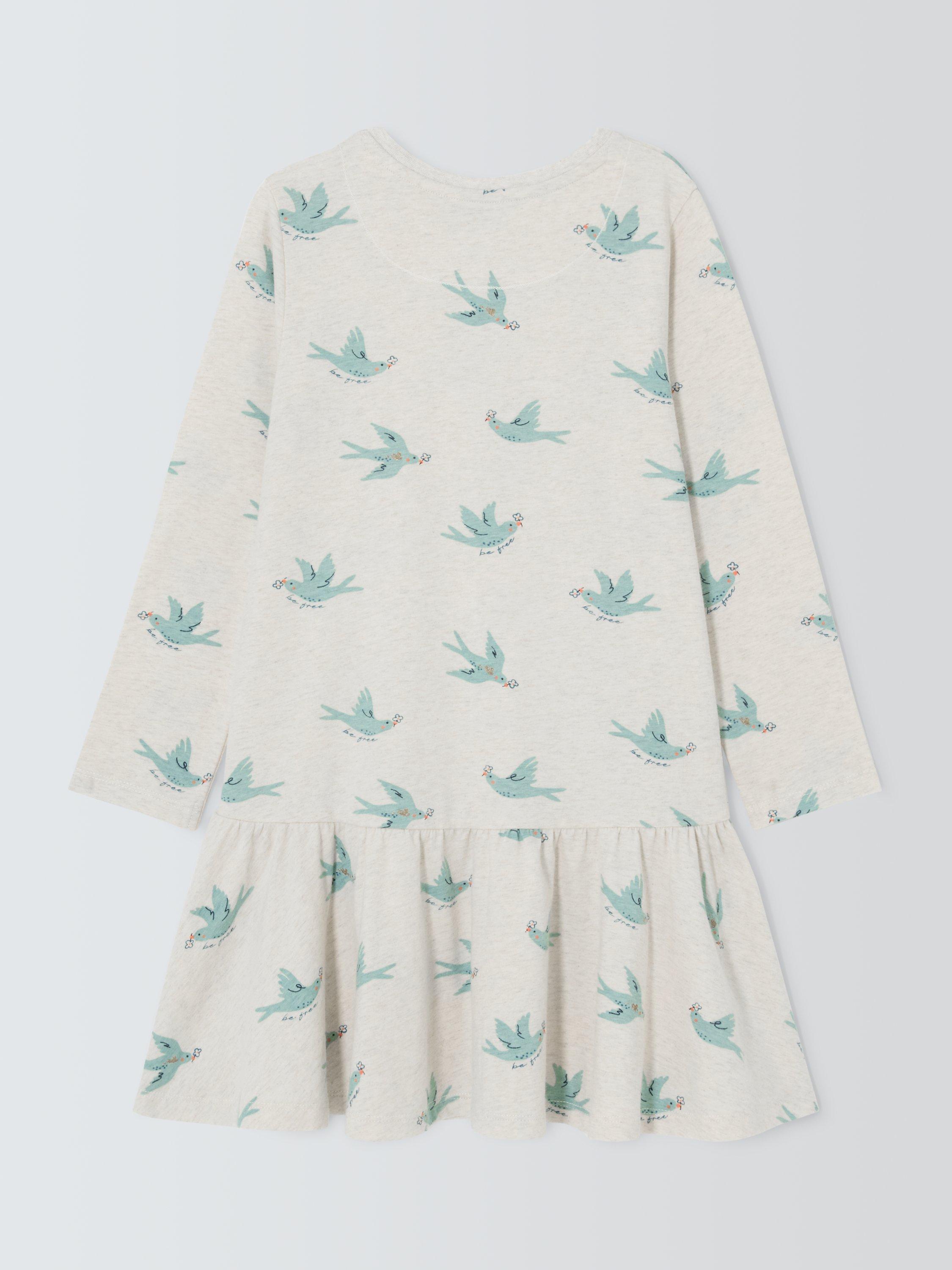 Product image 2 of 3, which shows John Lewis Kids' Bird Print Jersey Dress, White, Blue, 3 years