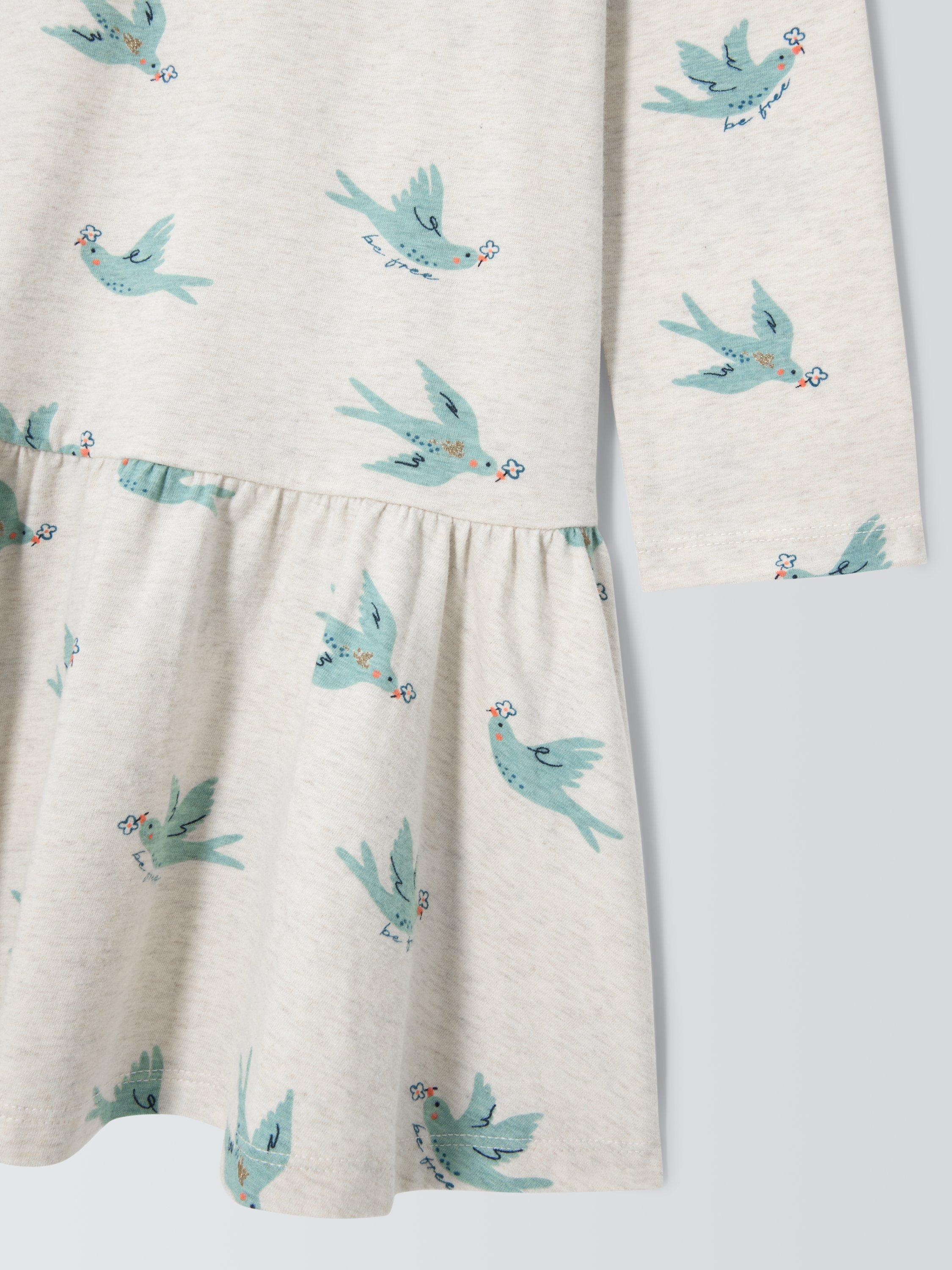 Product image 3 of 3, which shows John Lewis Kids' Bird Print Jersey Dress, White, Blue, 3 years