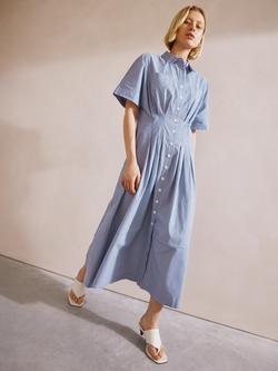 Albaray Stripe Pleat Organic Cotton Rich Shirt Dress, Blue, Blue