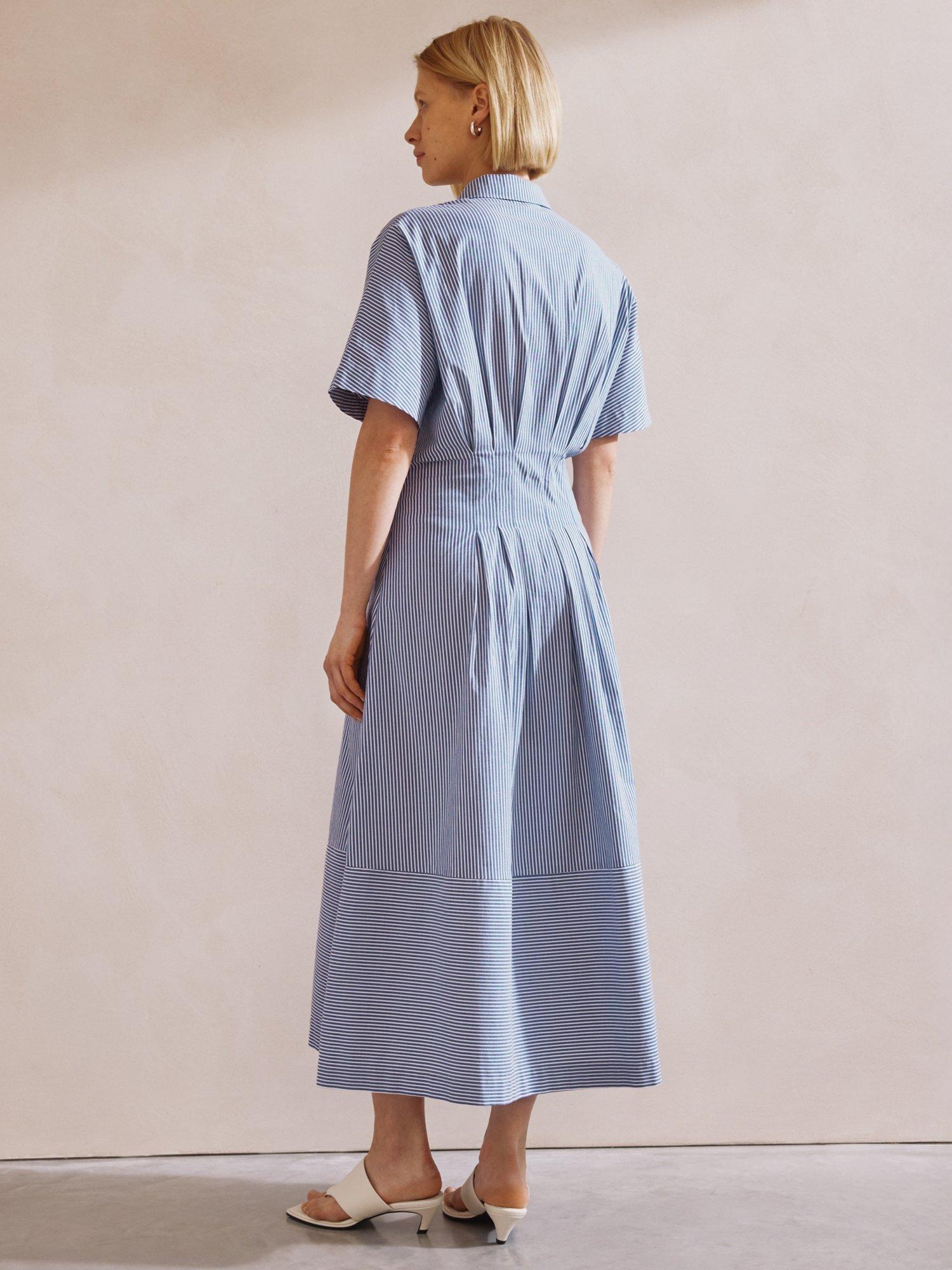 Product image 2 of 5, which shows Albaray Stripe Pleat Organic Cotton Rich Shirt Dress, Blue, 8