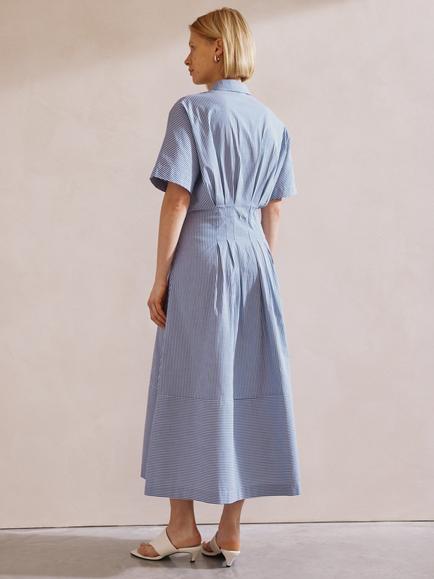 Albaray Stripe Pleat Organic Cotton Rich Shirt Dress, Blue - view 2, Blue