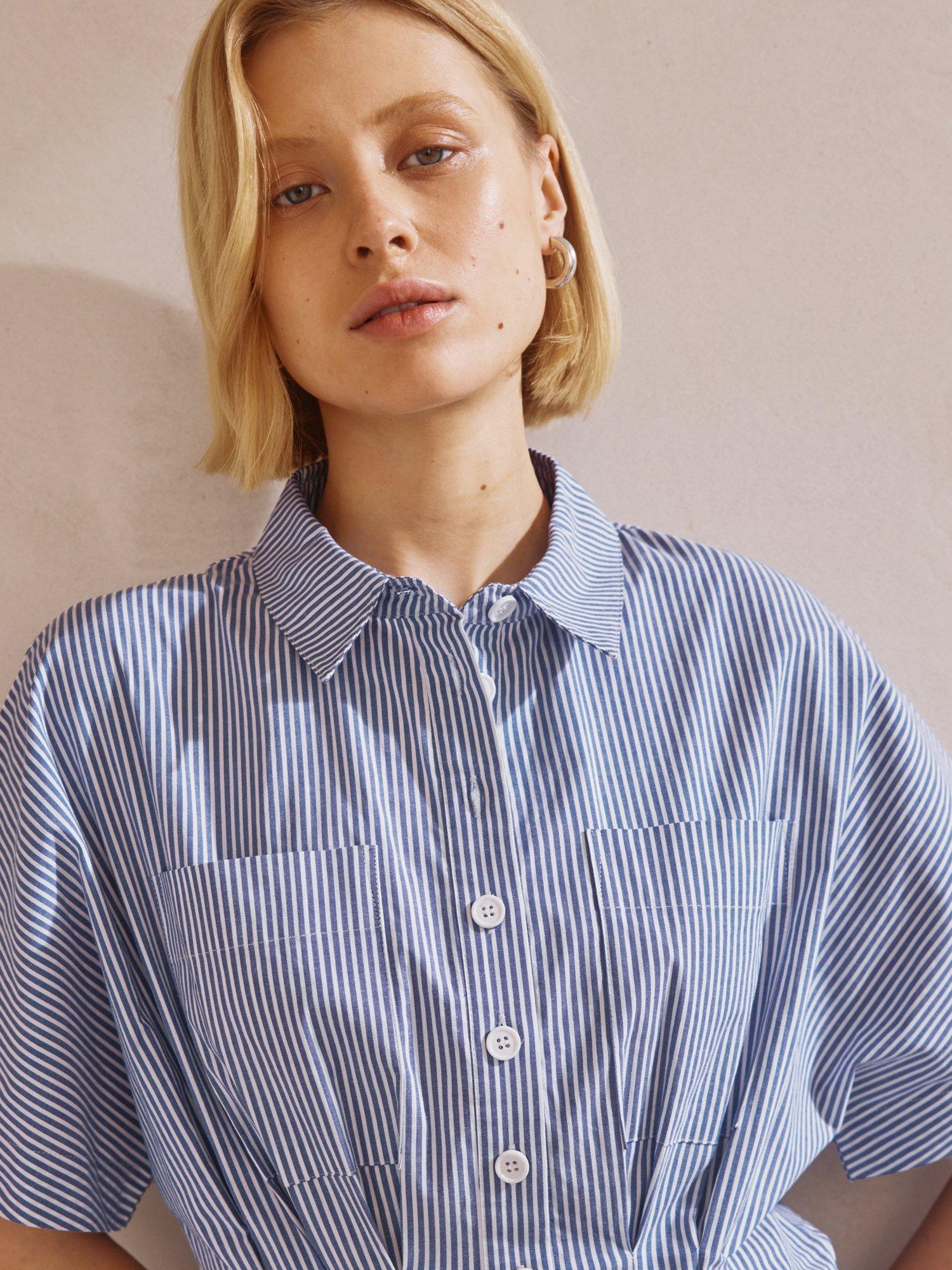 Product image 4 of 5, which shows Albaray Stripe Pleat Organic Cotton Rich Shirt Dress, Blue, 8
