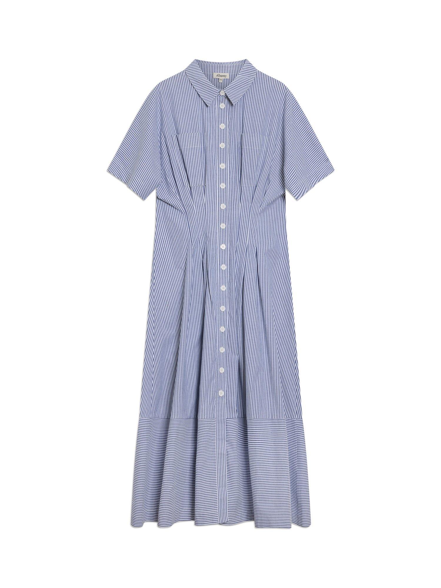Product image 5 of 5, which shows Albaray Stripe Pleat Organic Cotton Rich Shirt Dress, Blue, 8