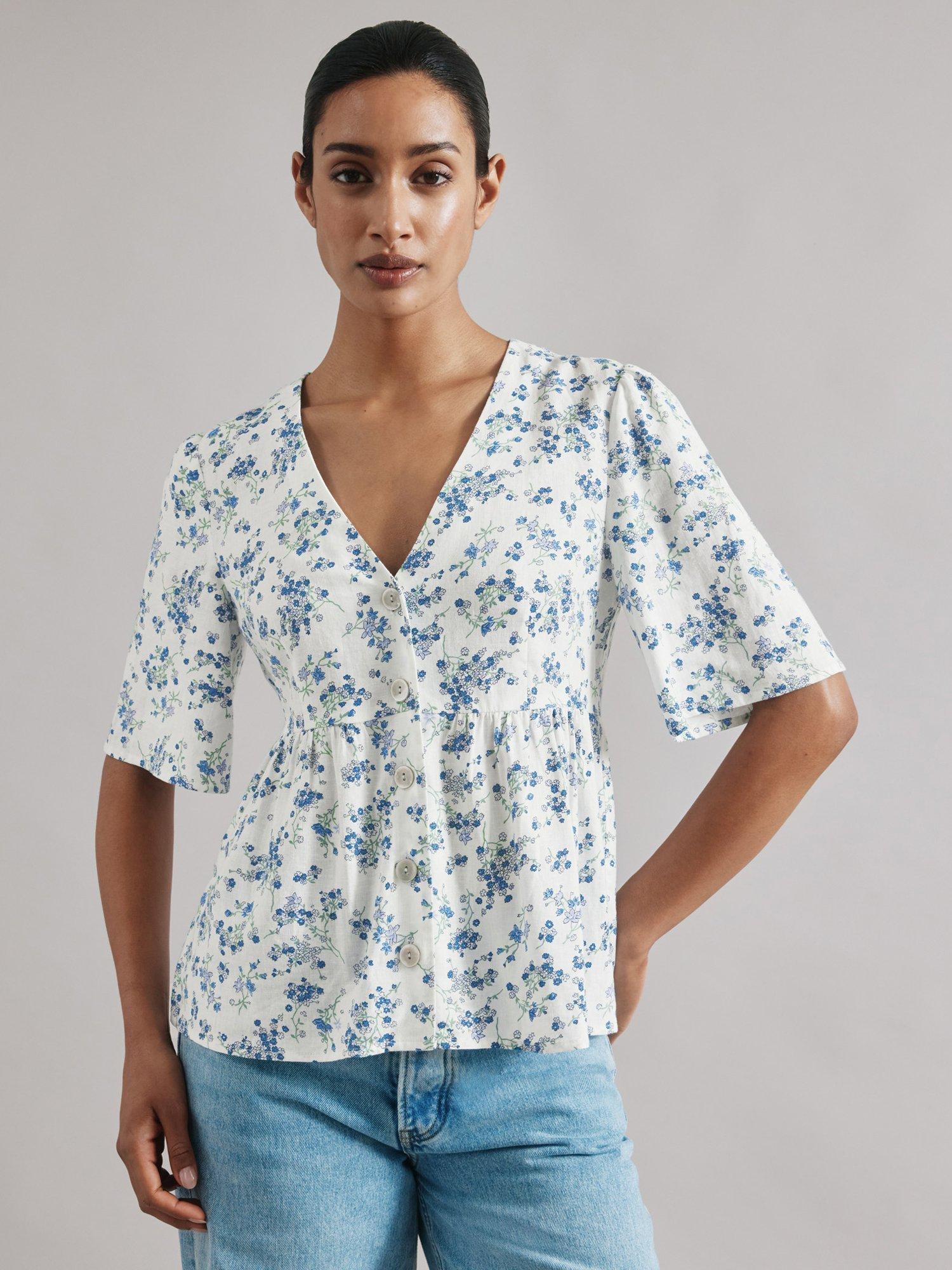 Product image 1 of 6, which shows Albaray Blossom Print Peplum Top, Blue/White, 10