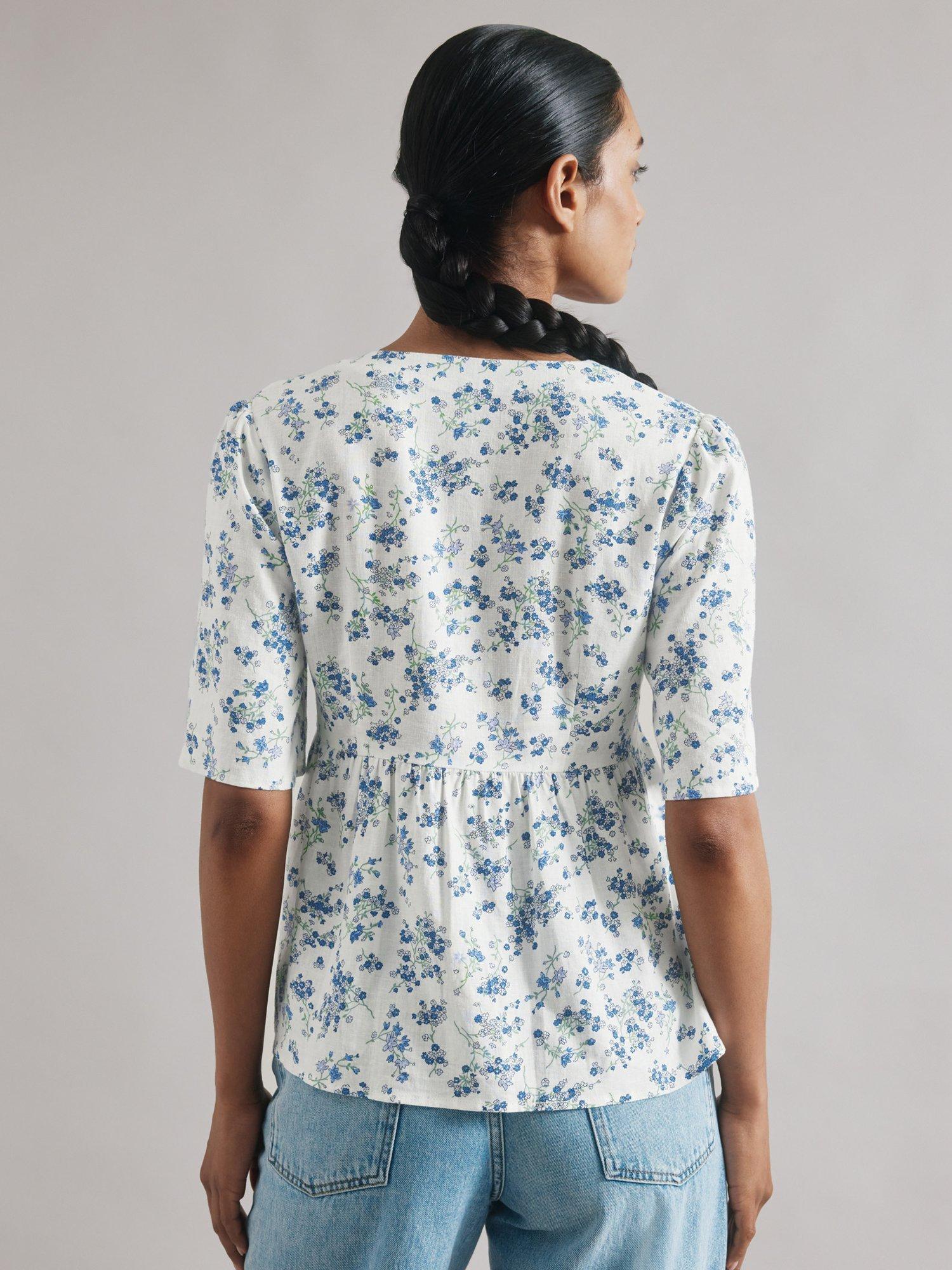 Product image 2 of 6, which shows Albaray Blossom Print Peplum Top, Blue/White, 10