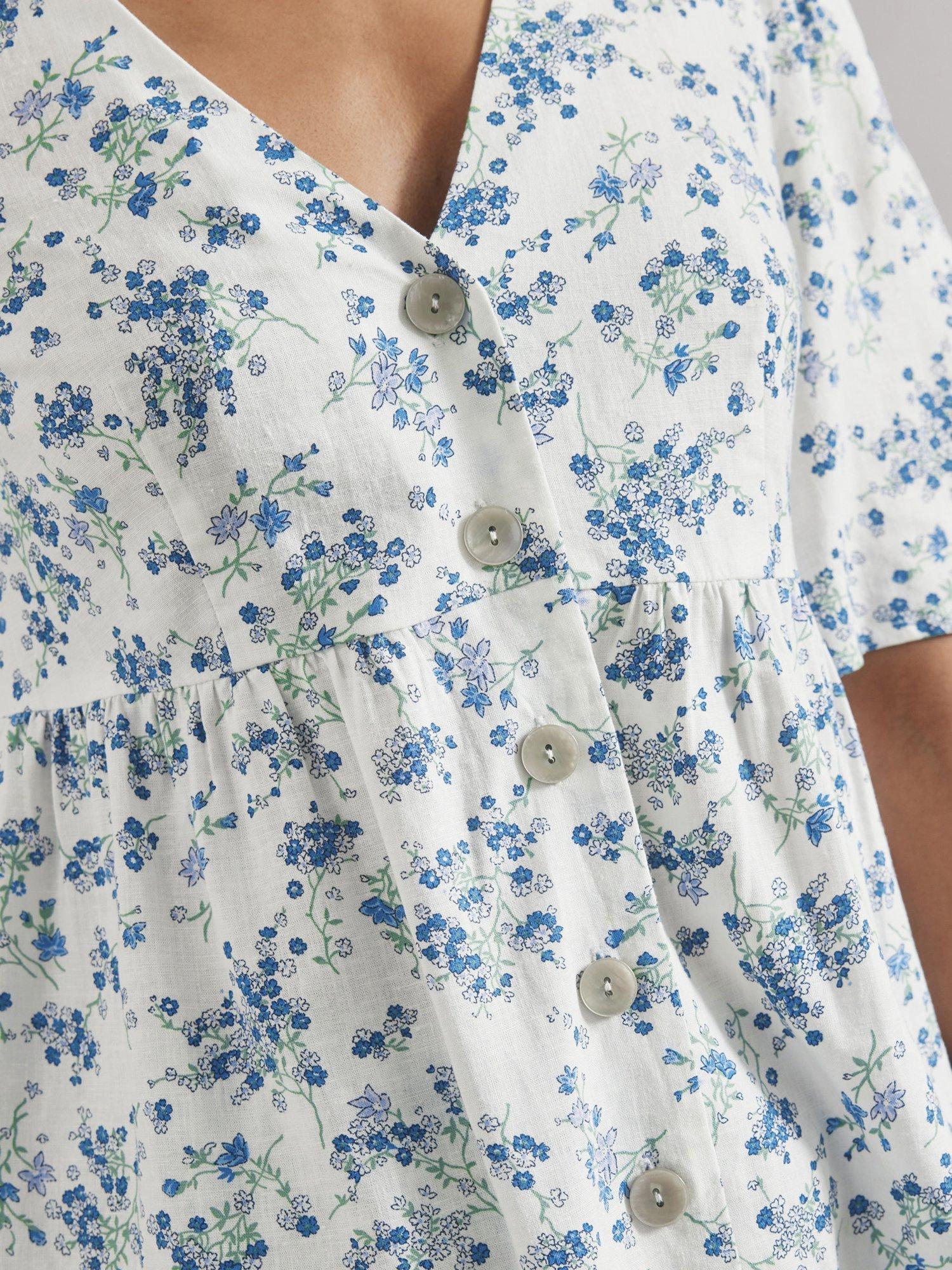 Product image 4 of 6, which shows Albaray Blossom Print Peplum Top, Blue/White, 10