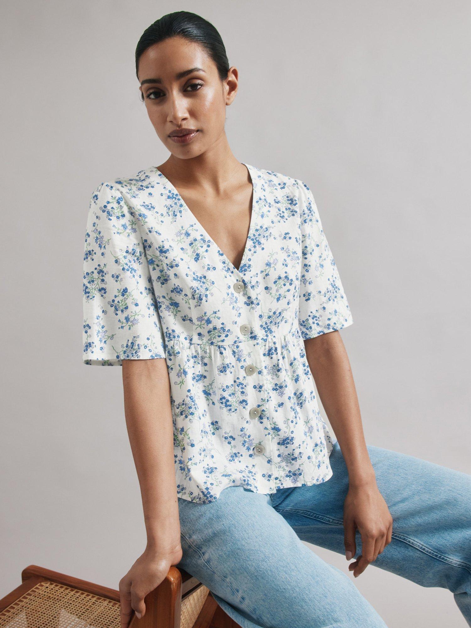 Product image 5 of 6, which shows Albaray Blossom Print Peplum Top, Blue/White, 10
