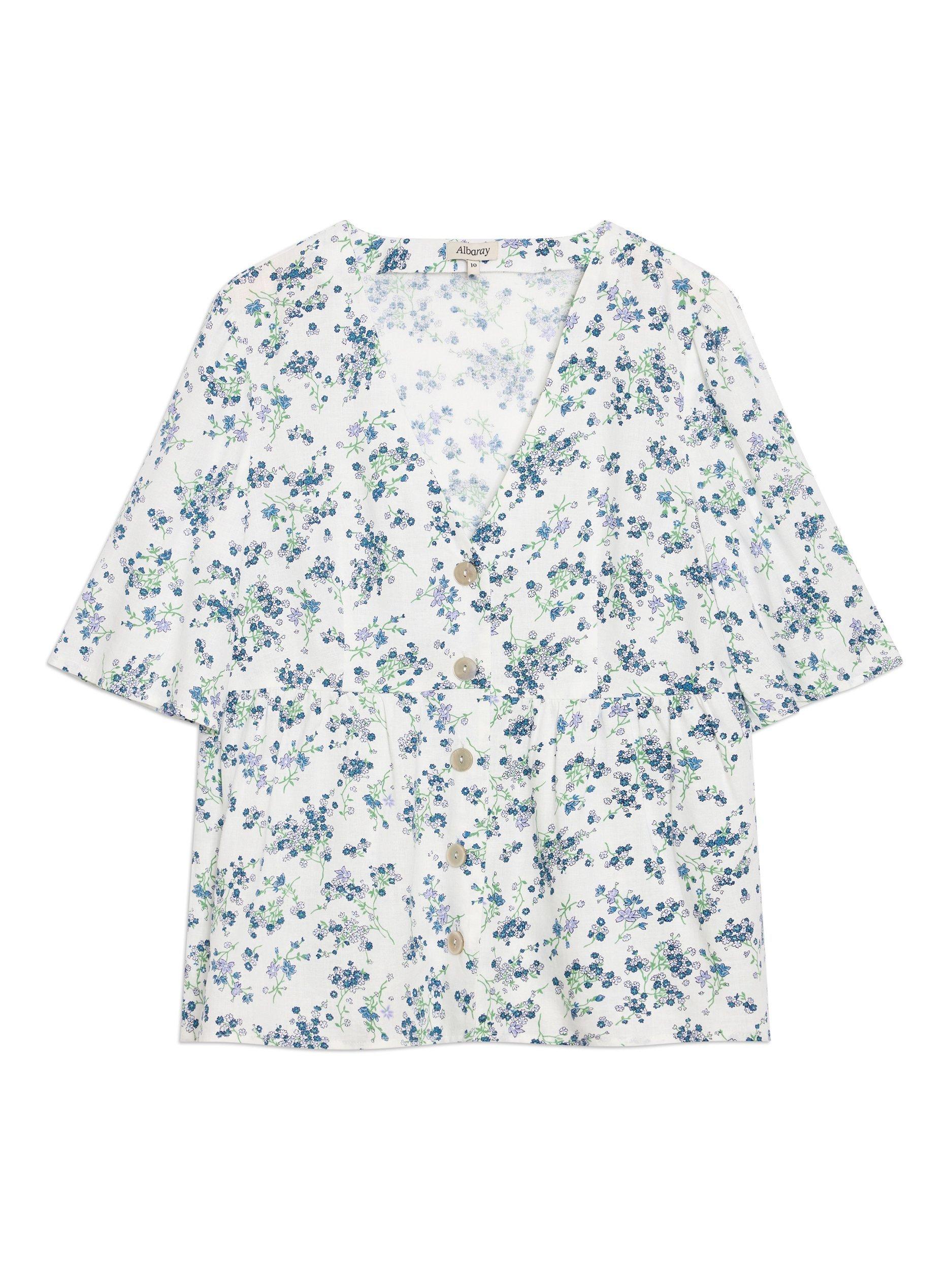 Product image 6 of 6, which shows Albaray Blossom Print Peplum Top, Blue/White, 10