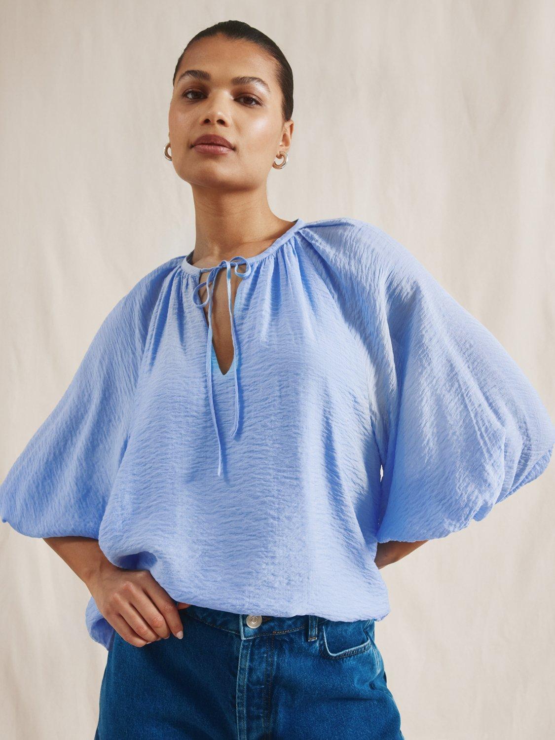 Product image 1 of 5, which shows Albaray Tie Neck Volume Top, Blue, 8