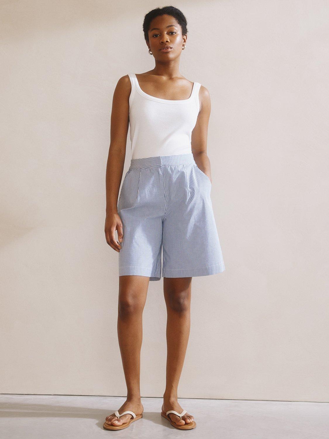 Product image 1 of 7, which shows Albaray Ticking Stripe Organic Cotton Rich Bermuda Shorts, Blue, 12