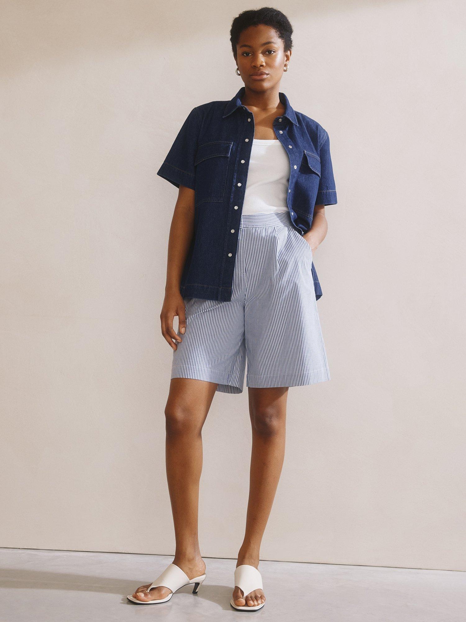 Product image 7 of 7, which shows Albaray Ticking Stripe Organic Cotton Rich Bermuda Shorts, Blue, 12