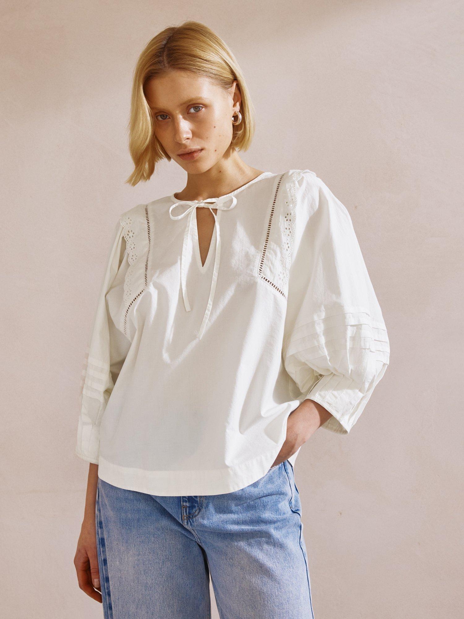 Product image 1 of 8, which shows Albaray Cotton Pintuck Sleeve Top, Cream, 10