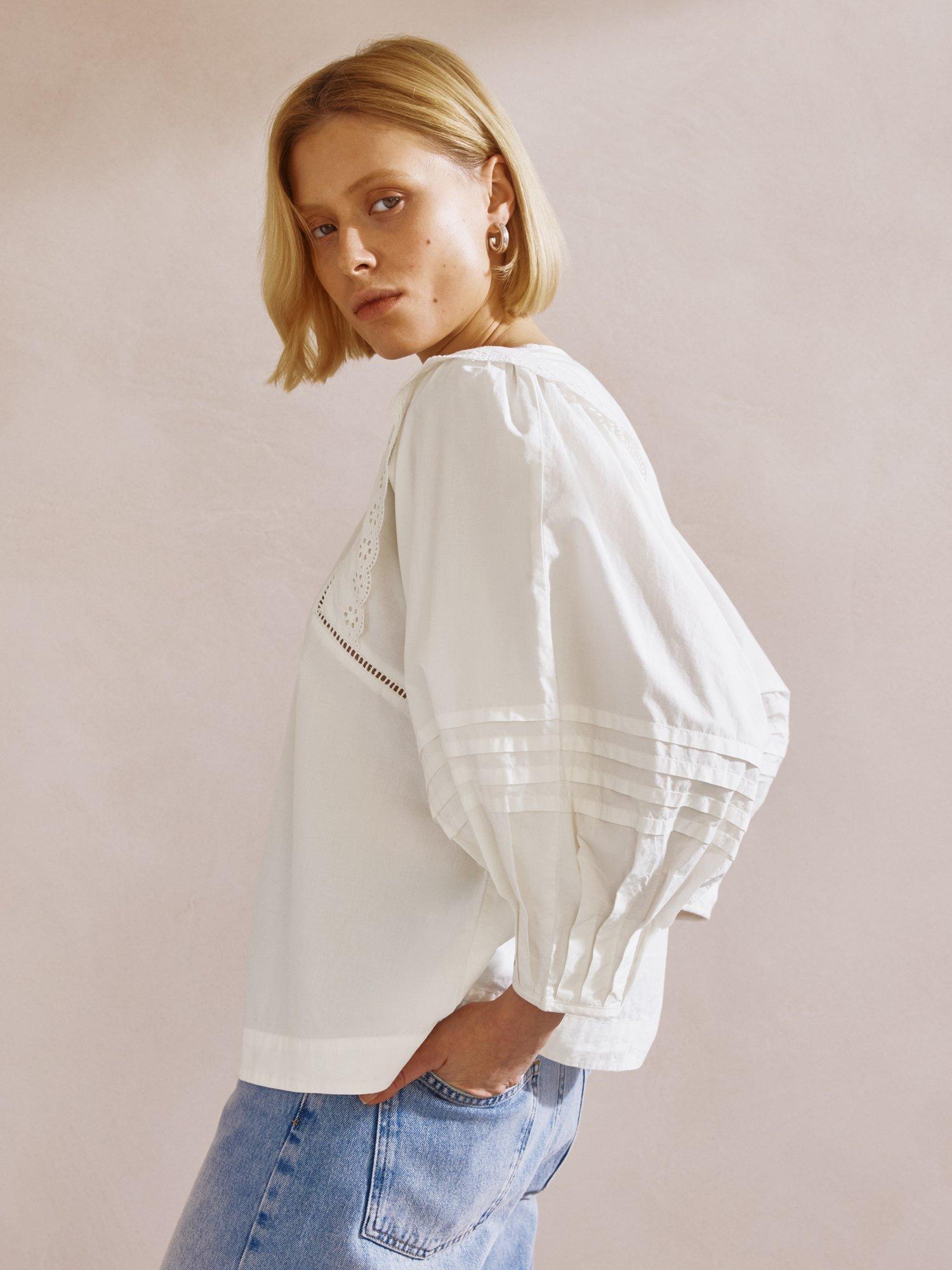Product image 5 of 8, which shows Albaray Cotton Pintuck Sleeve Top, Cream, 10