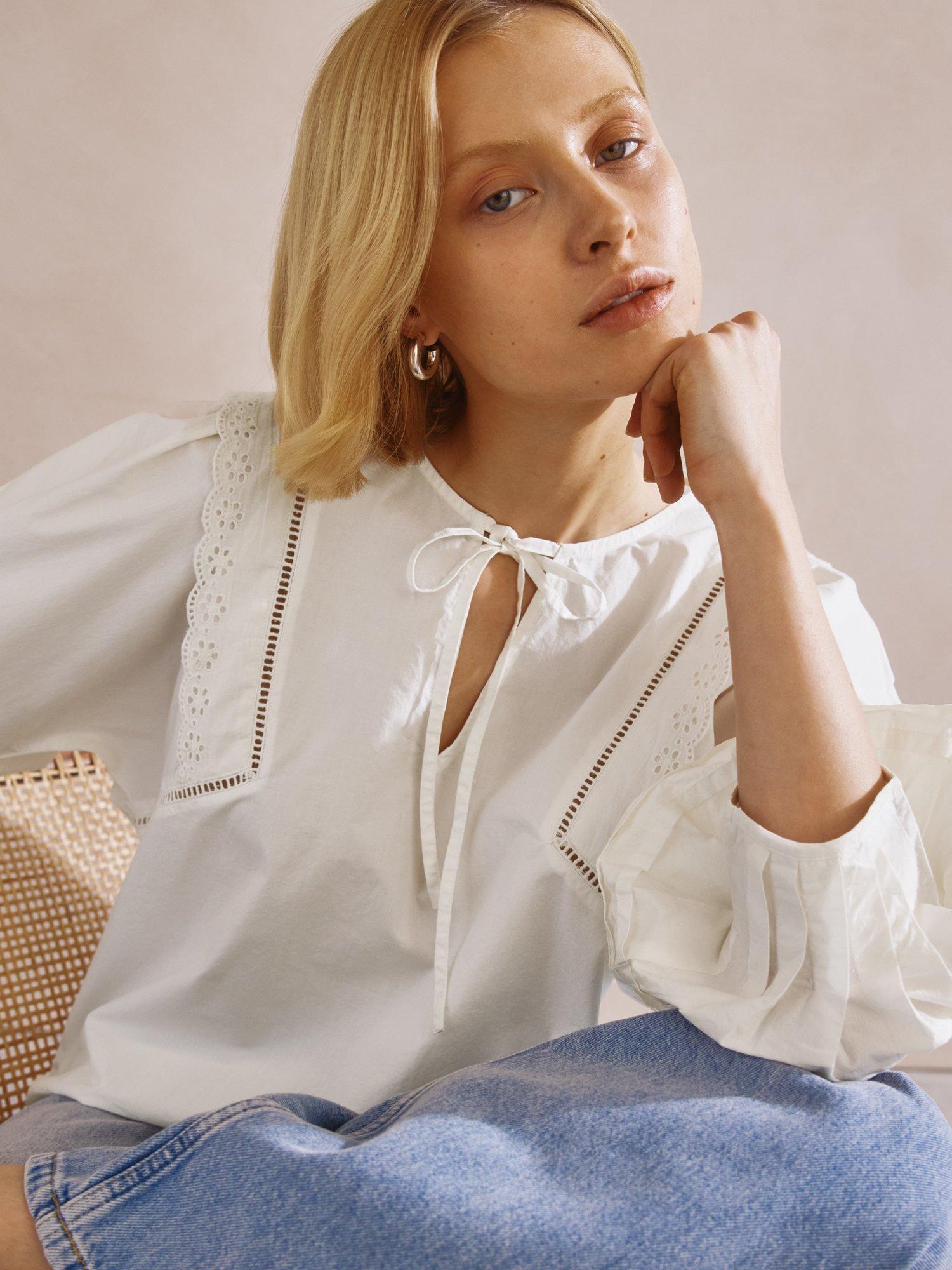 Product image 8 of 8, which shows Albaray Cotton Pintuck Sleeve Top, Cream, 10